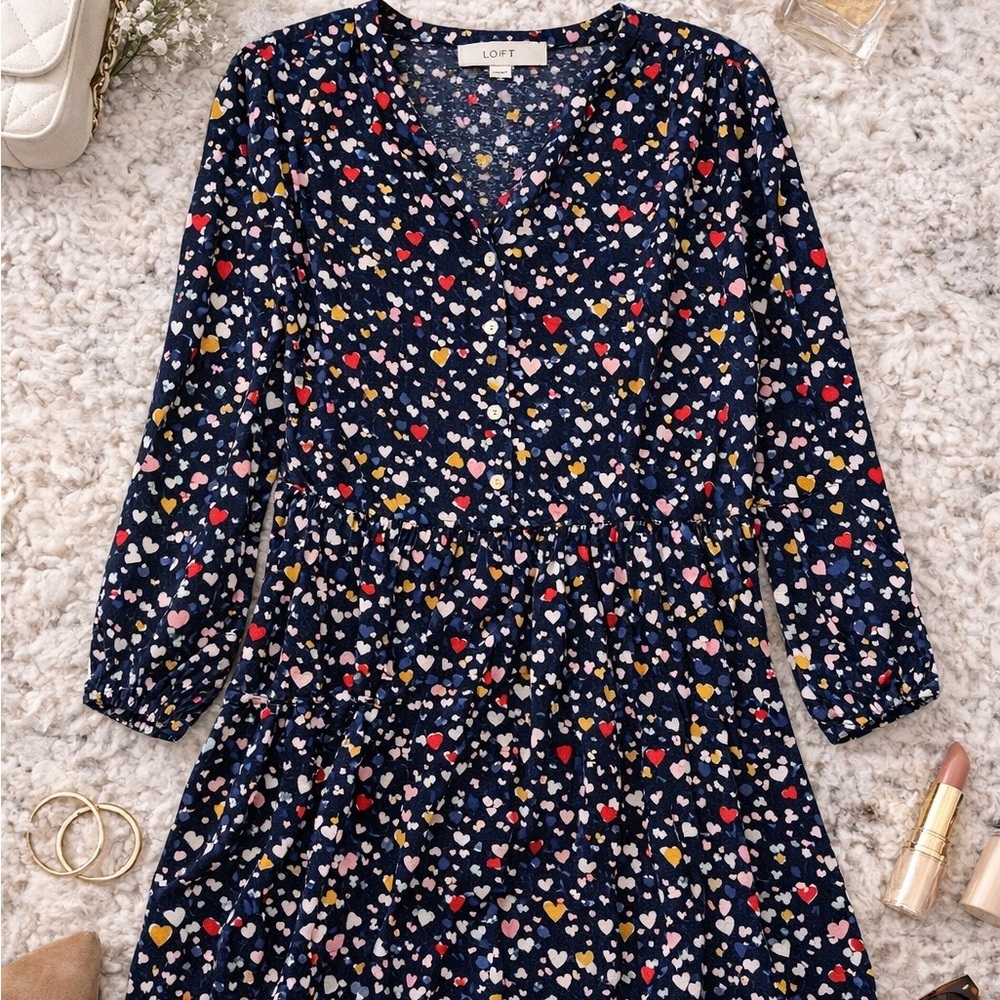 LOFT Navy Heart Print Babydoll Dress Medium Long Sleeve Flowy Mini